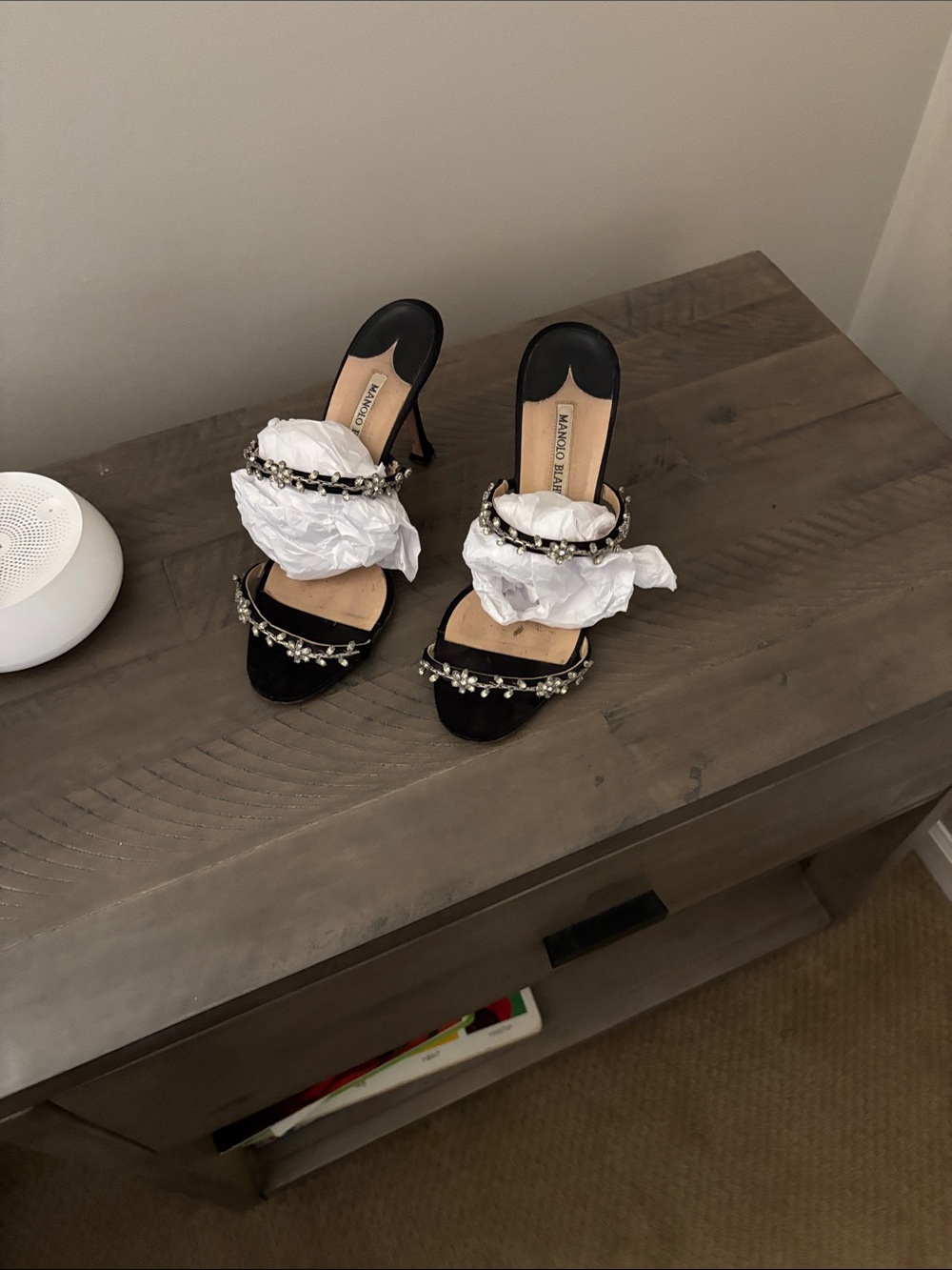 Manolo Blahnik Black Jeweled Stiletto Sandals